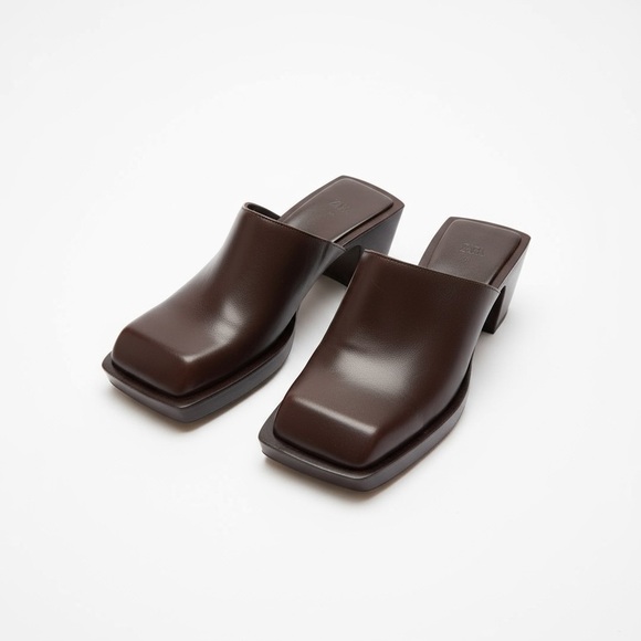 Zara Shoes - Zara Brown Leather Squared Toe Clogs